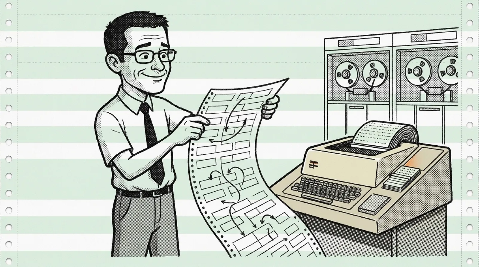 Chris at a 1970 terminal pulling a long sheet of green-striped printout covered in a grid of boxes joined by arrows.