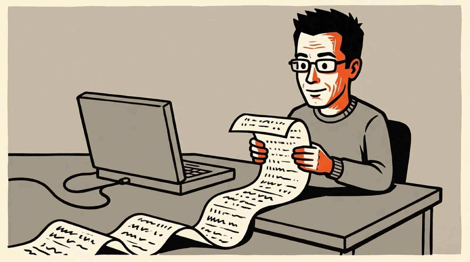 Chris sits at a desk reading a long paper checklist that spills to the floor, beside an old, scuffed laptop with a network cable running off the desk.