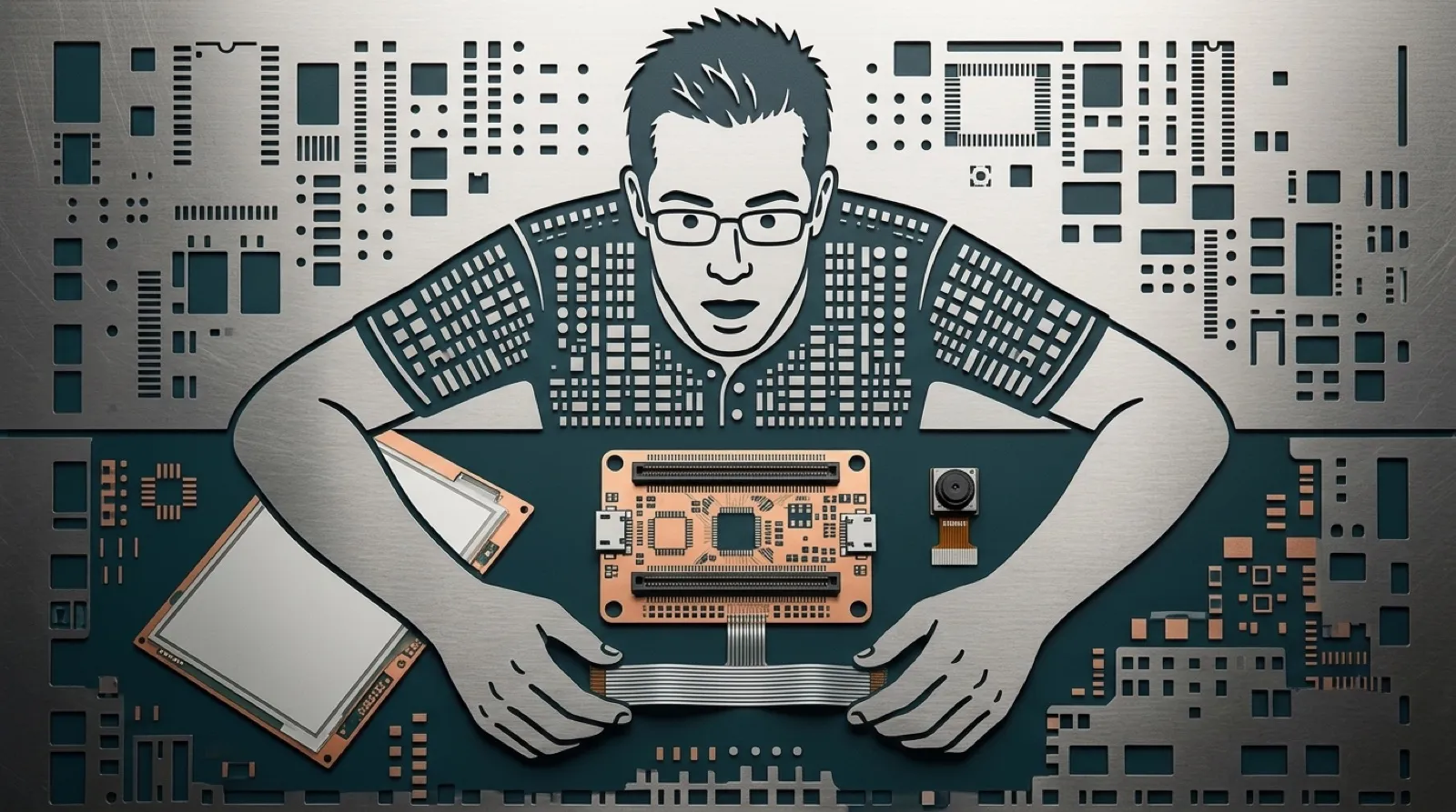Chris looks down at a small blue development board on his workbench, a touchscreen ribbon cable in one hand and a tiny camera module in the other, drawn as a cut-metal solder stencil.