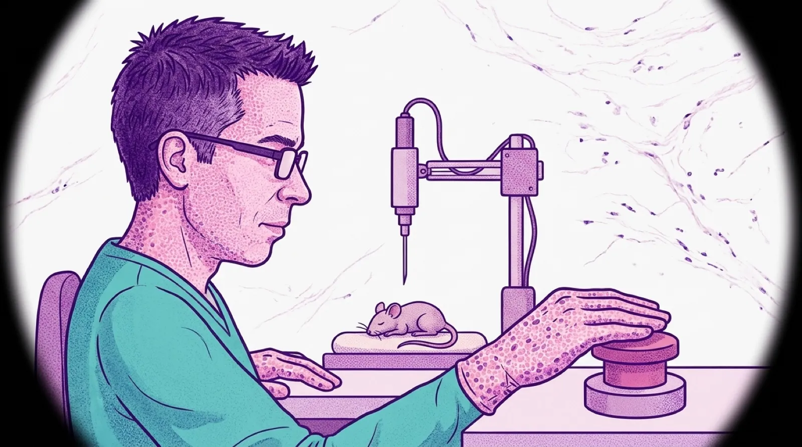 Chris Pirillo, drawn as a pink-and-violet stained tissue micrograph, watches a robotic needle arm lower toward a tiny sleeping mouse while a glowing red stop button sits under his hand.