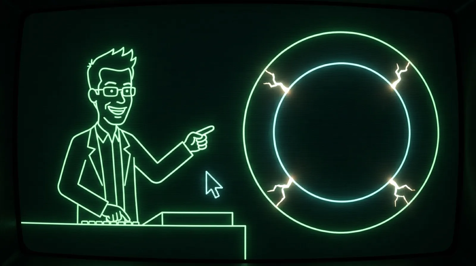 Chris in a lab coat watches four bright crack lines appear in a glowing ring-shaped reactor drawn in green oscilloscope traces.