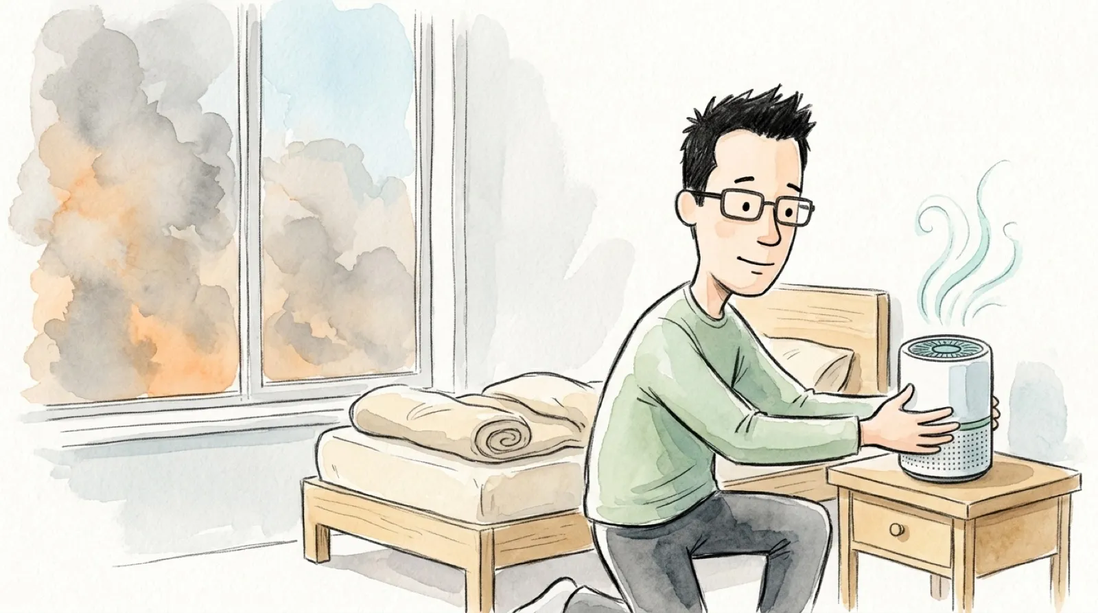Chris tucks a small round air purifier onto a bedside table while smoky haze presses against the window and the bedroom air stays clear