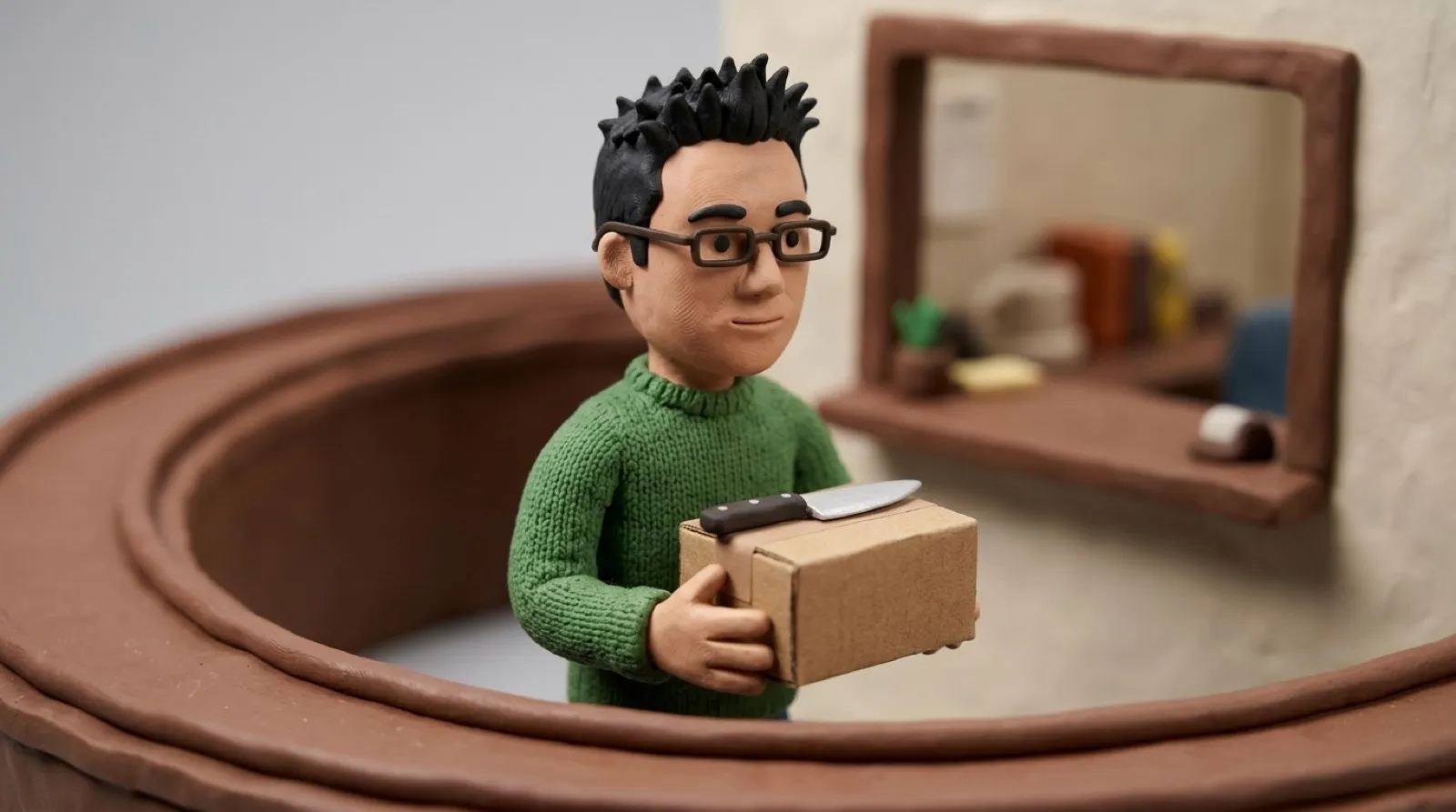 Clay Chris holds a kitchen knife box while trapped in a loop of identical help desks