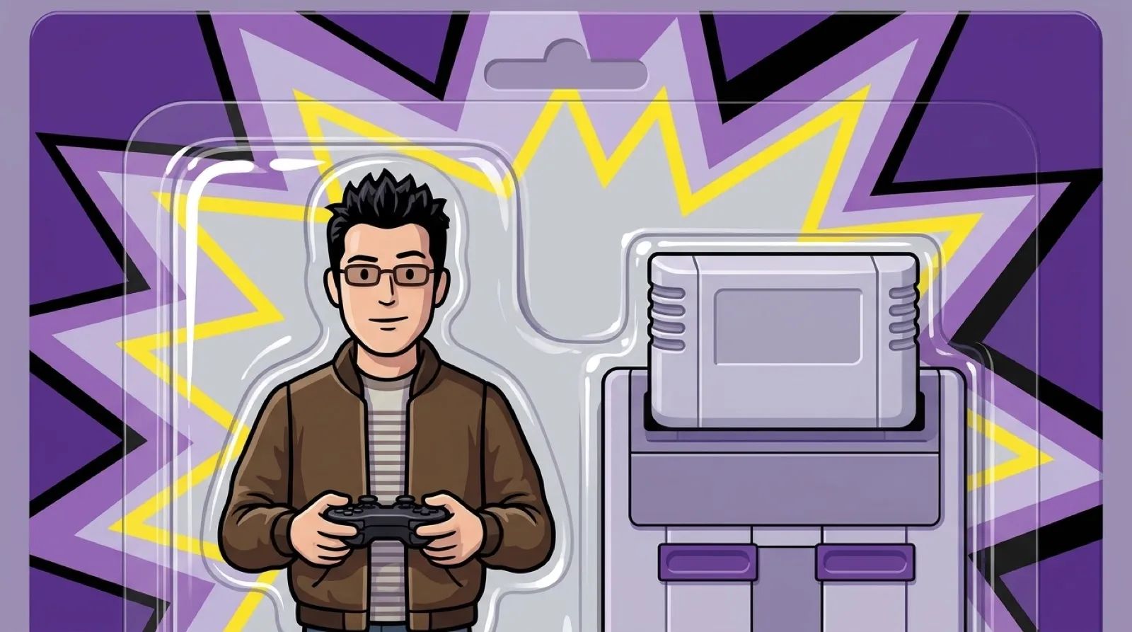 Chris as a figure in toy blister packaging, holding a wireless gamepad beside a slim console with a gray SNES-style cartridge standing in its top slot.