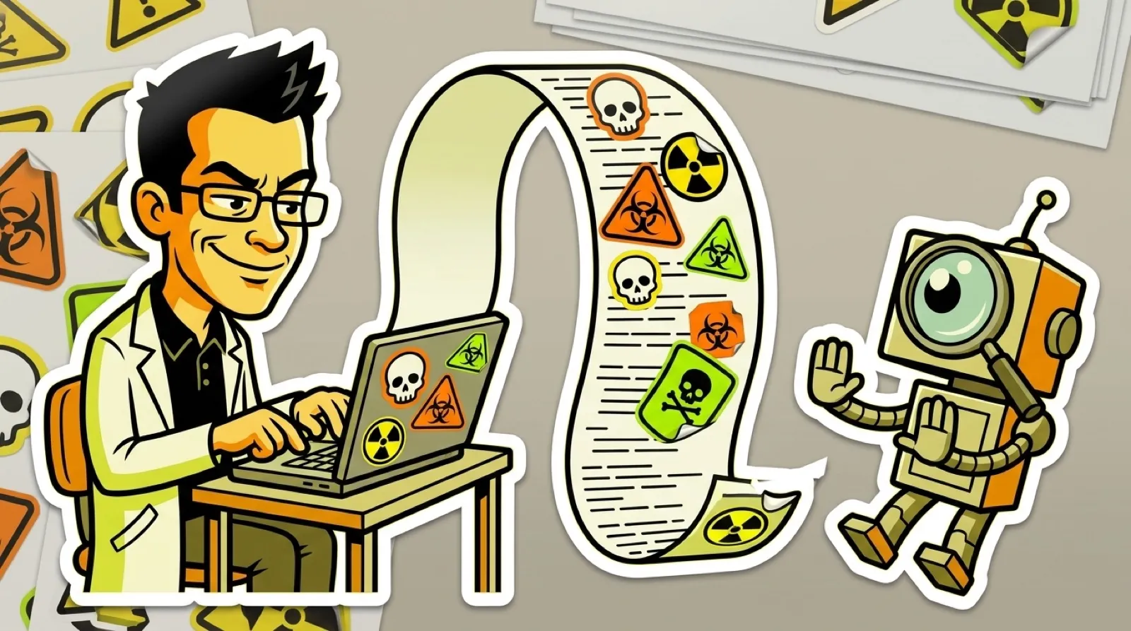 Chris types at a laptop while a boxy cartoon robot reader backs away from a ribbon of code studded with fake hazard symbols.