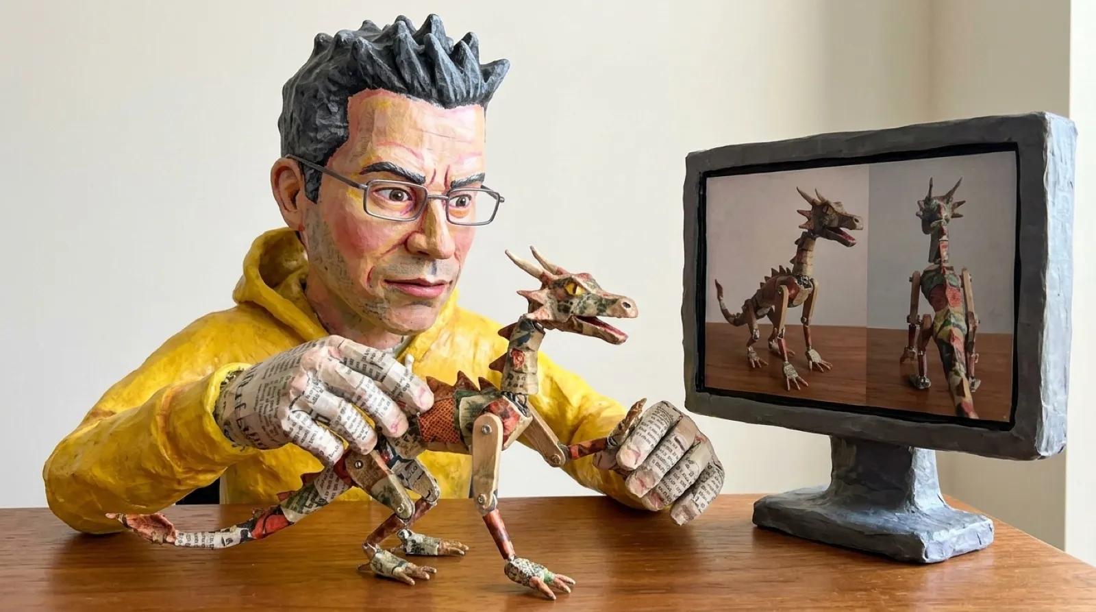 Papier-mache Chris poses a dragon puppet beside a screen showing the same creature