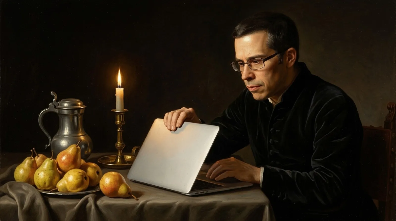Chris lifts the lid of a slim laptop on a table laden with fruit and candles