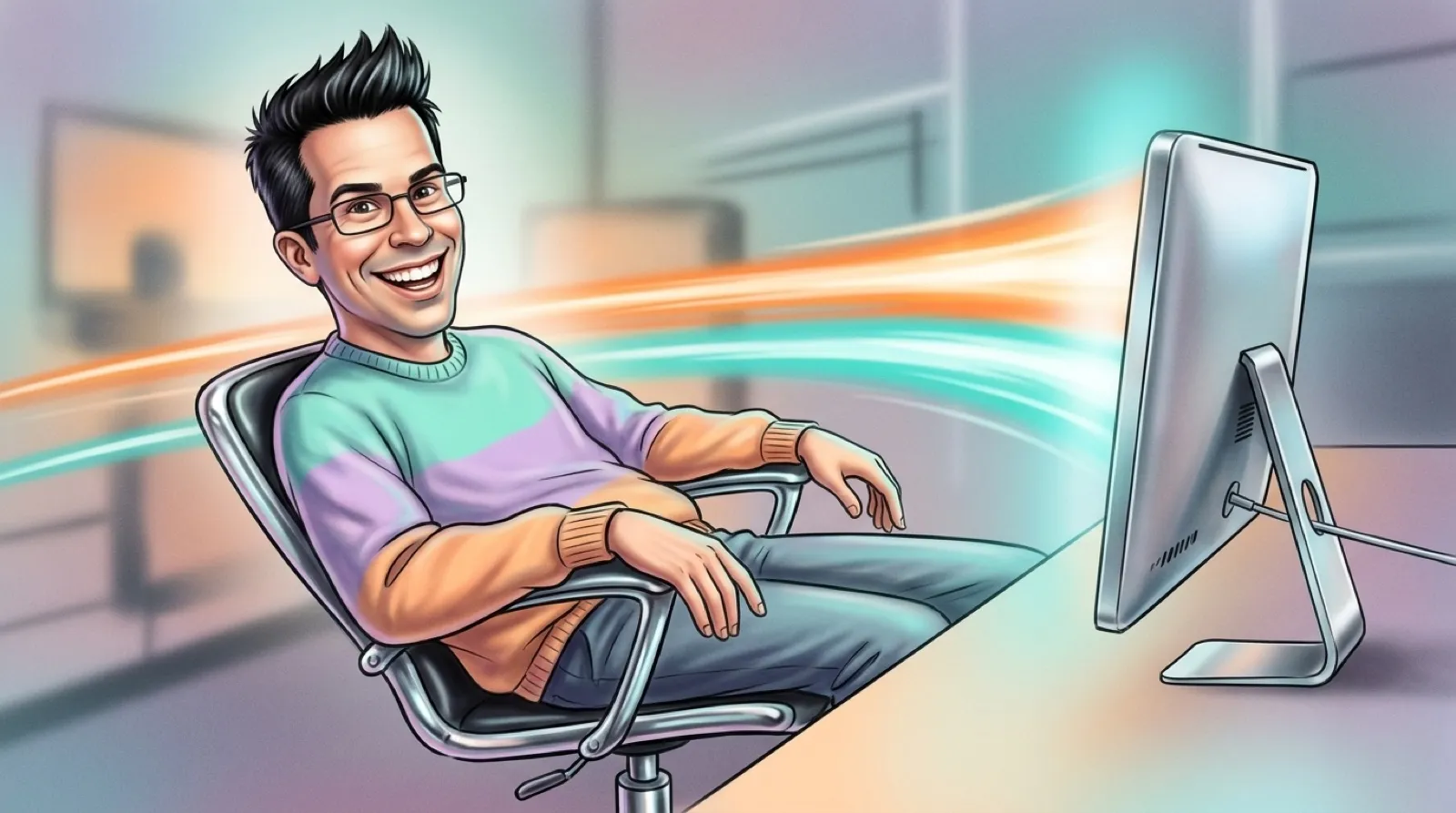 An airbrushed catalog scene of Chris leaning back in an office chair as two light trails race out of a slim all-in-one computer.
