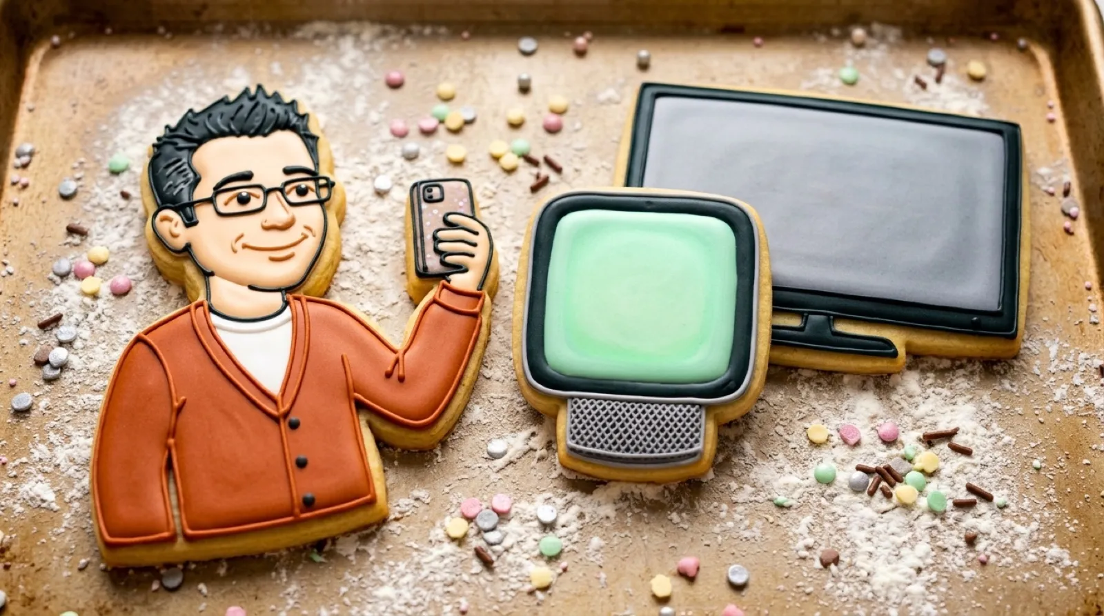 Chris Pirillo as a decorated sugar cookie on a kitchen counter, holding up a phone beside a small square smart display on a round speaker base and a much wider screen behind it