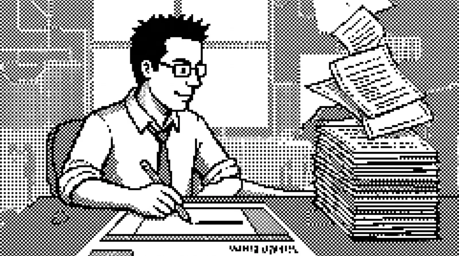 Chris Pirillo, drawn in black-and-white 1-bit pixels, crosses out a tall stack of paper code printout on an office desk while a weekly form sits beside it.