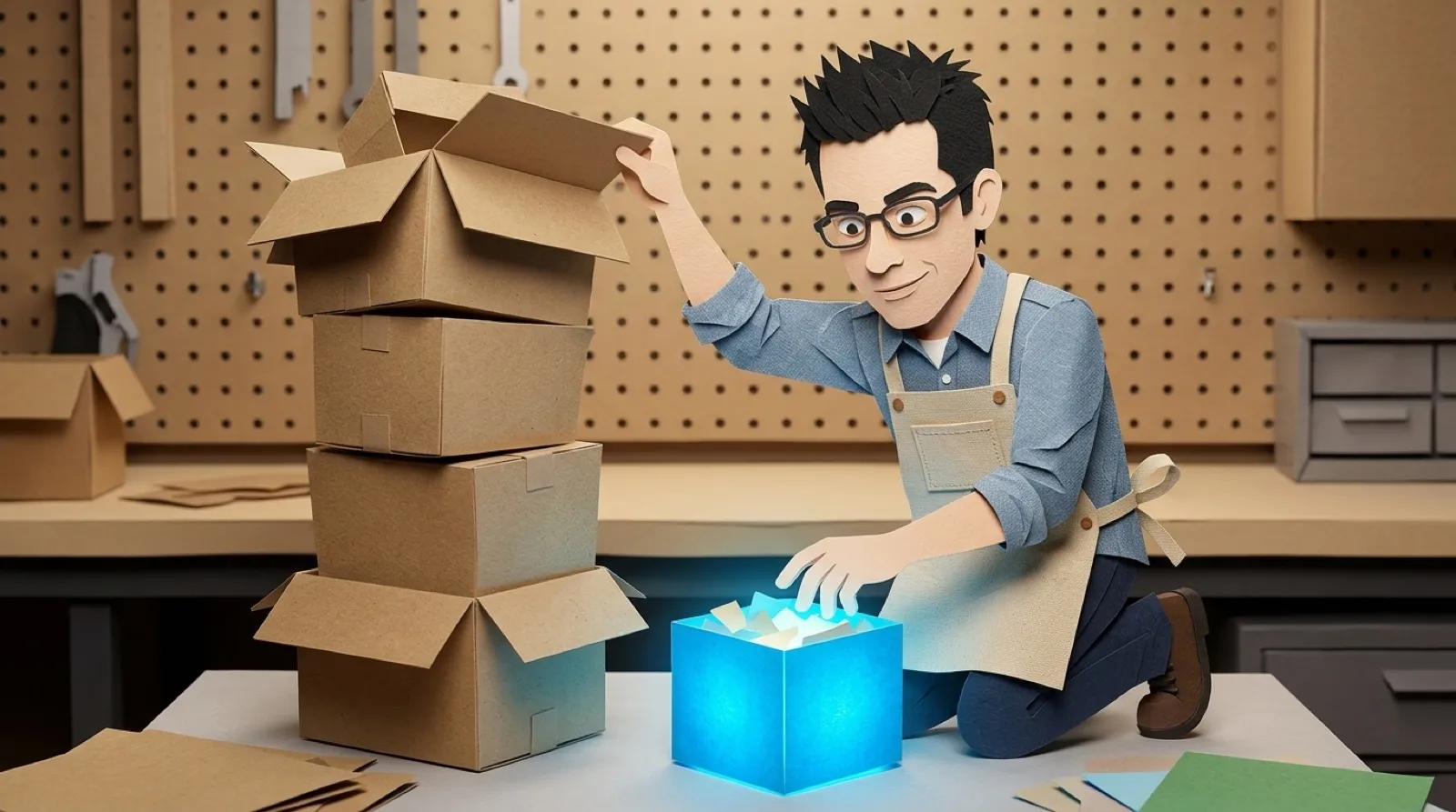 Chris unpacks a stack of nested boxes and presses their contents into one small cube
