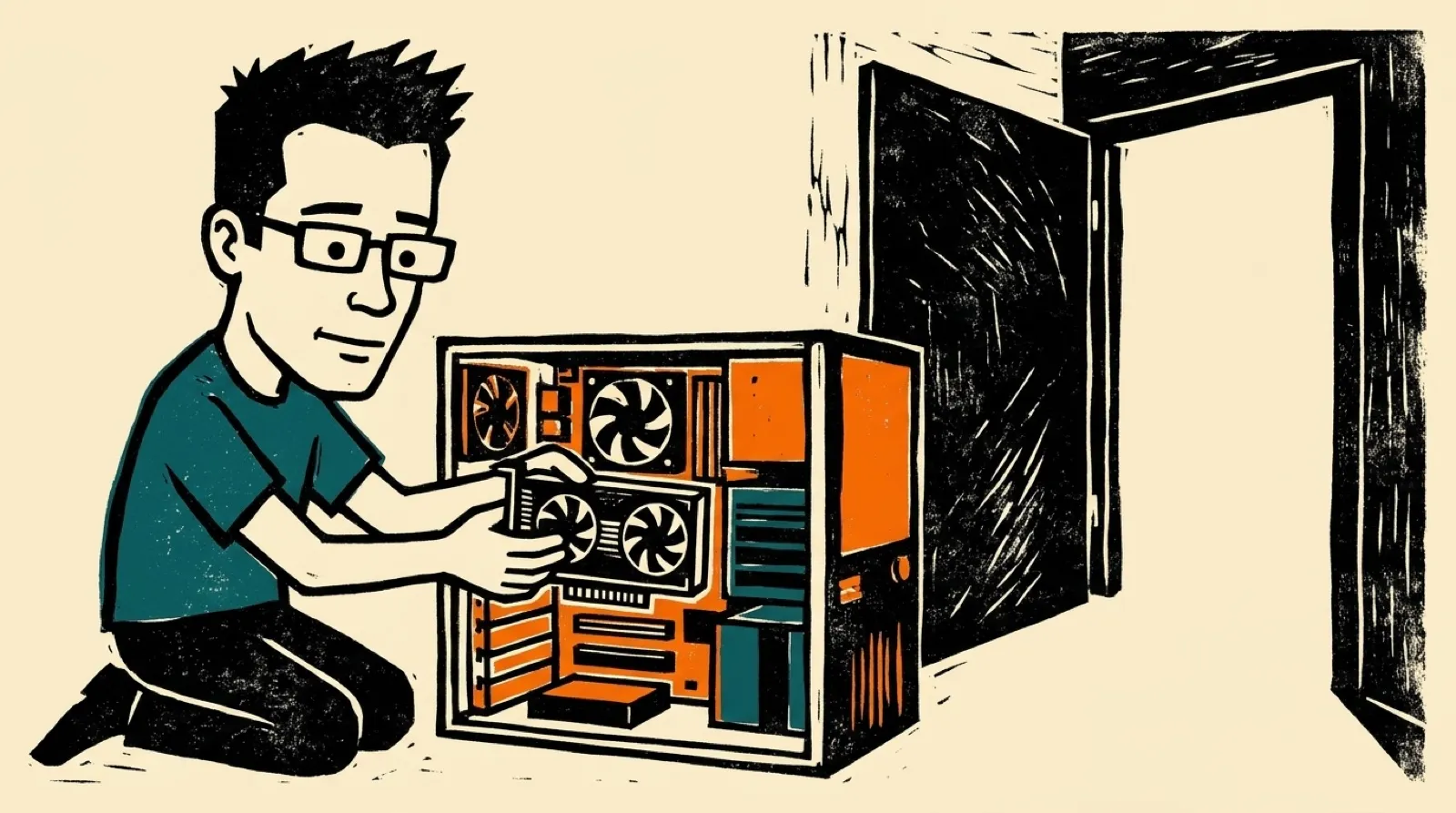 Linocut relief print of Chris kneeling beside an open server chassis, sliding a graphics card into a slot while a wide doorway opens in the wall behind it.
