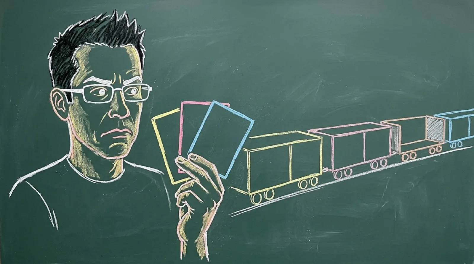 Chris, drawn in coloured chalk, holds up four paper task cards that never made it onto a long train whose cars are all coupled and moving away