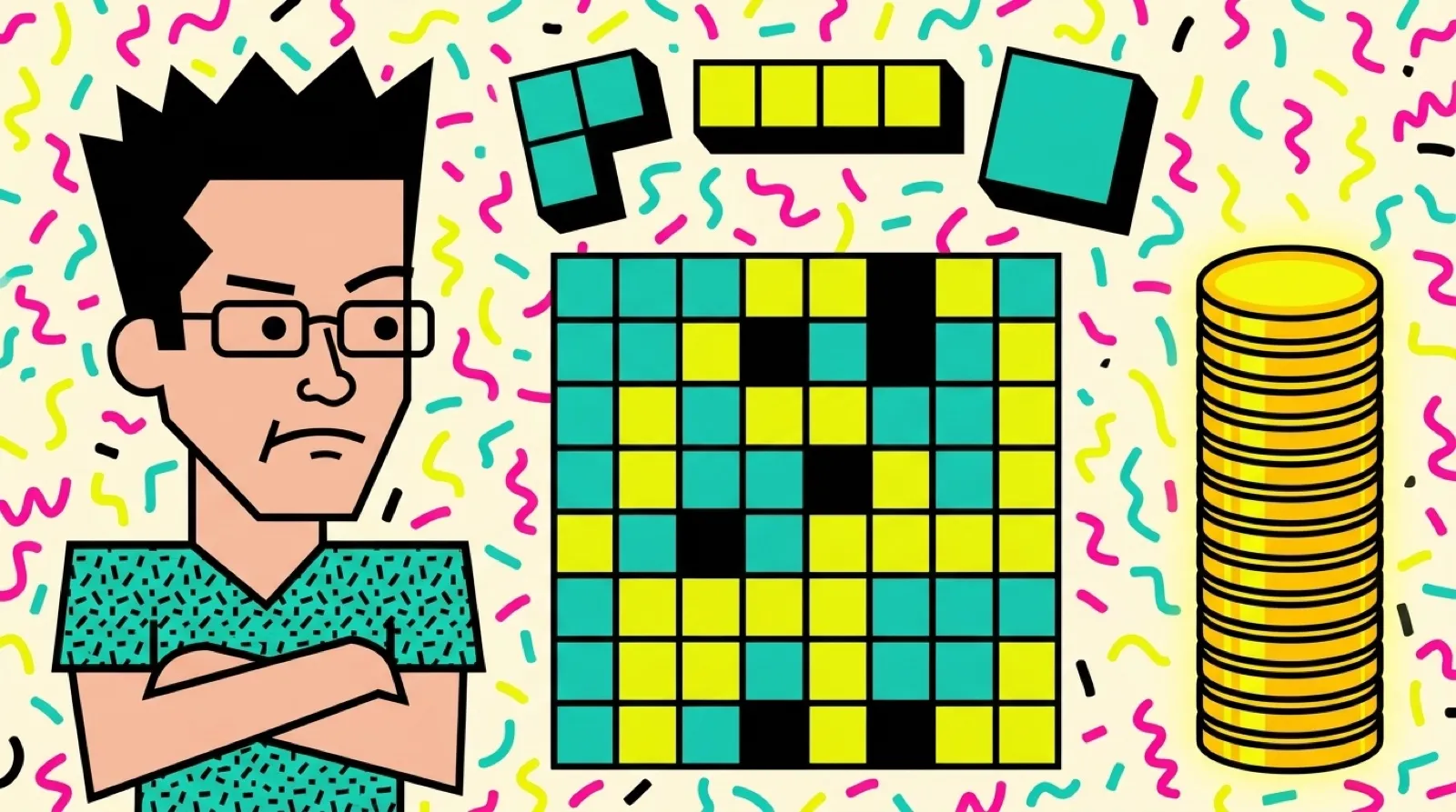 Chris, arms folded, frowns up at a floating grid of flat coloured squares where three oversized block shapes hang that cannot fit, beside a tall stack of gold coins.