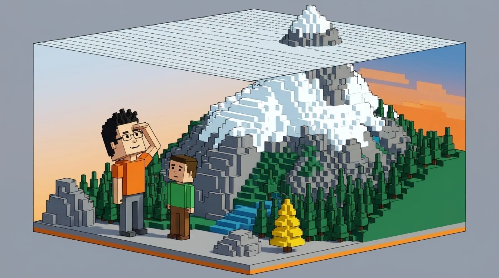 Chris Pirillo, drawn in blocky voxel style, stands beside a towering cube-built Alpine peak that rises far above a low flat ceiling line, craning his head up at the summit.
