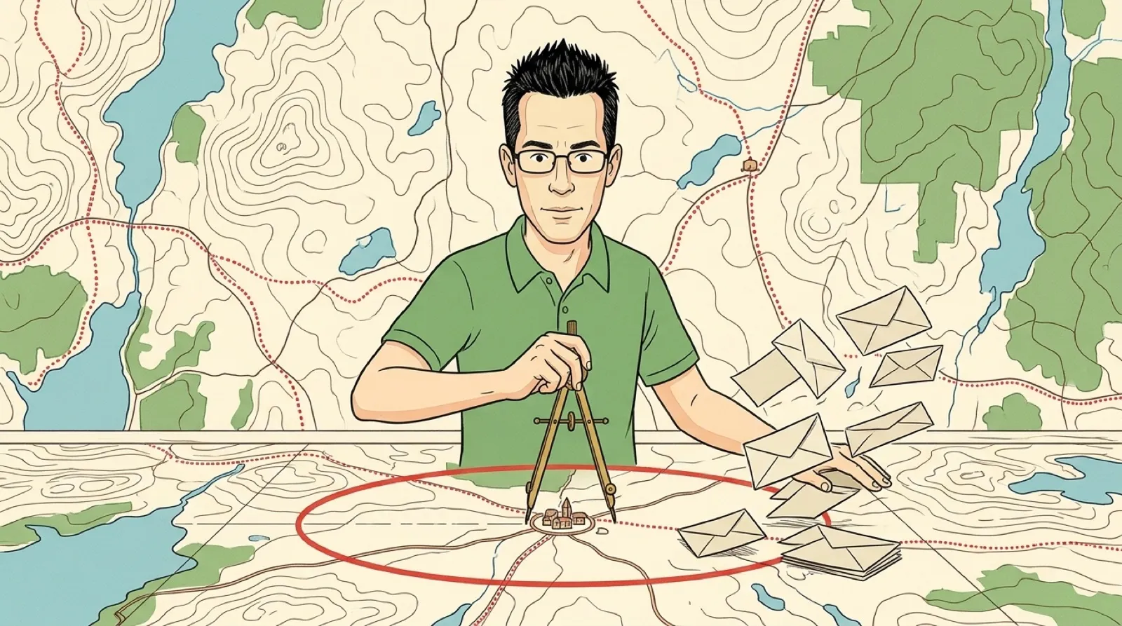 A road-atlas style illustration of Chris drawing a circle on a big wall map with a drafting compass while paper envelopes flutter to a stop at the circle's edge.