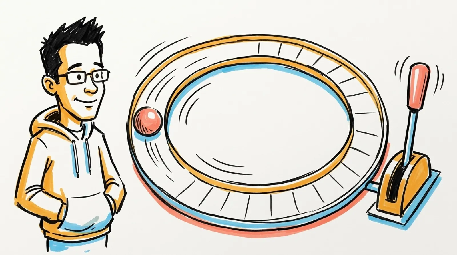 Felt-tip sketch of Chris, hands in his hoodie pocket, watching a ball circle a looped track while a lever beside it waits to be pulled.