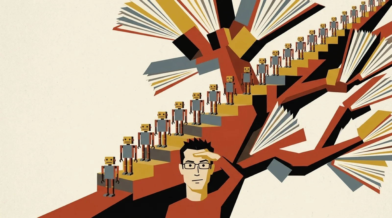 1970s constructivist poster of Chris at the base of an enormous branching tree of paper pages while a long orderly line of identical little robots climbs it branch by branch.