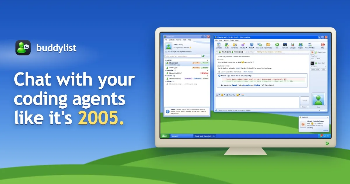 Buddylist on a Windows XP style desktop, a contact list of coding agents beside an open chat window
