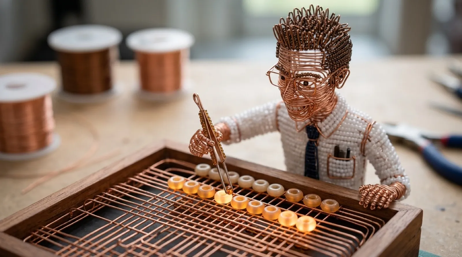 Chris, built from copper wire and beads, uses tweezers to set the last bead into a row of eight on a woven core-memory frame.