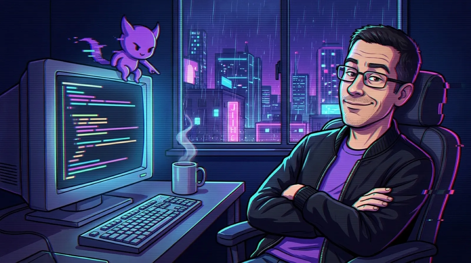 Chris at a desk at night, leaning back as a small glowing invented creature perched on his monitor points at a ticker of code.
