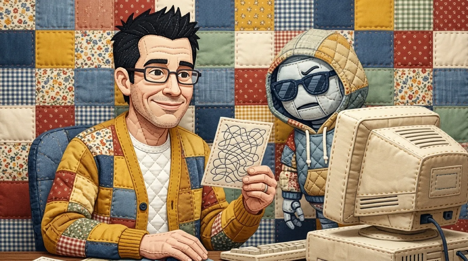 Chris Pirillo in quilted patchwork at a beige computer, holding up a card of warped wavy shapes while a small robot in a hooded sweatshirt squints at it