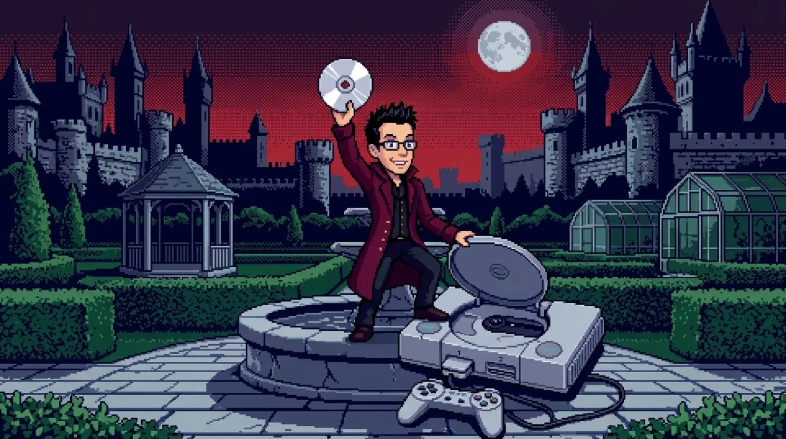 Chris Pirillo drawn as a mid-1990s game character in a long burgundy coat, holding up a shiny blank CD beside an open gray PlayStation on the rim of a stone fountain in a moonlit castle hedge garden