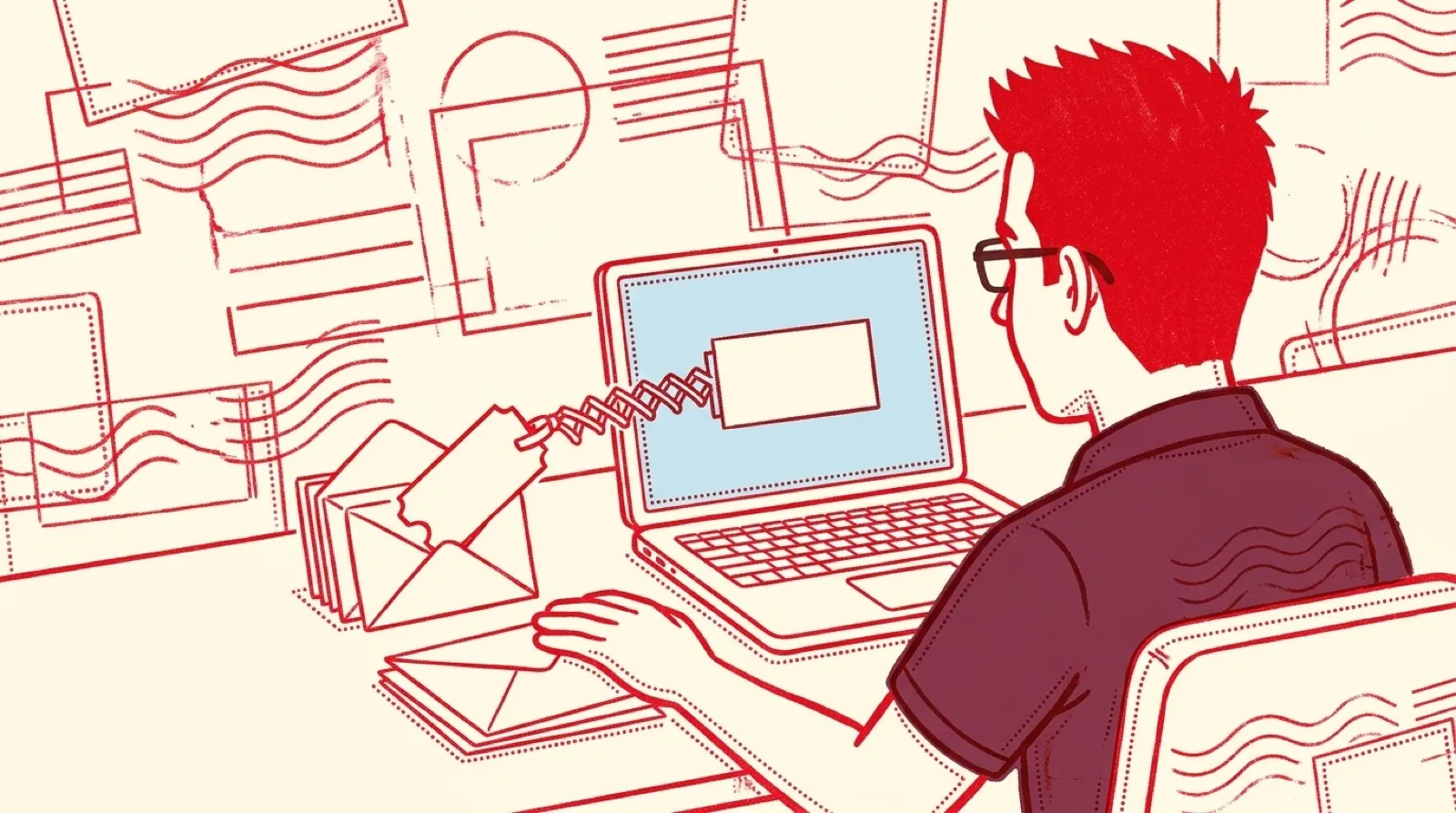 Chris watches from behind as a little mechanical arm lifts a ticket out of an open envelope and drops it into a form on his laptop screen.