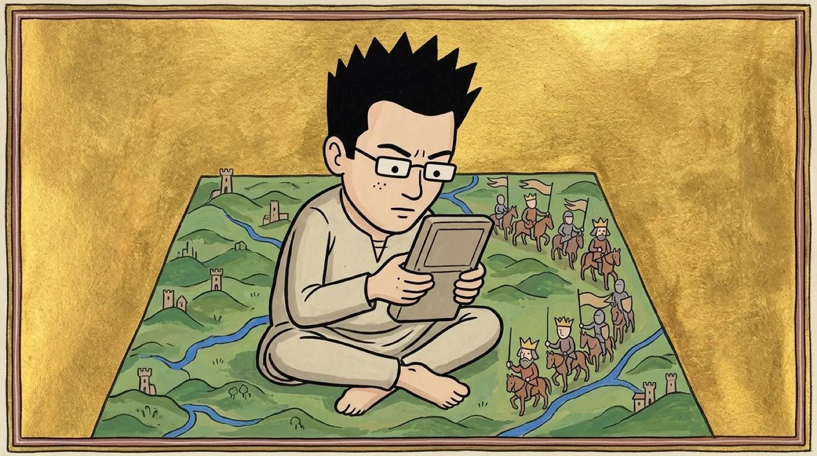 Chris sits cross-legged on a tiny painted map, holding a small handheld game, while three little invented rulers in crowns march their armies around him.