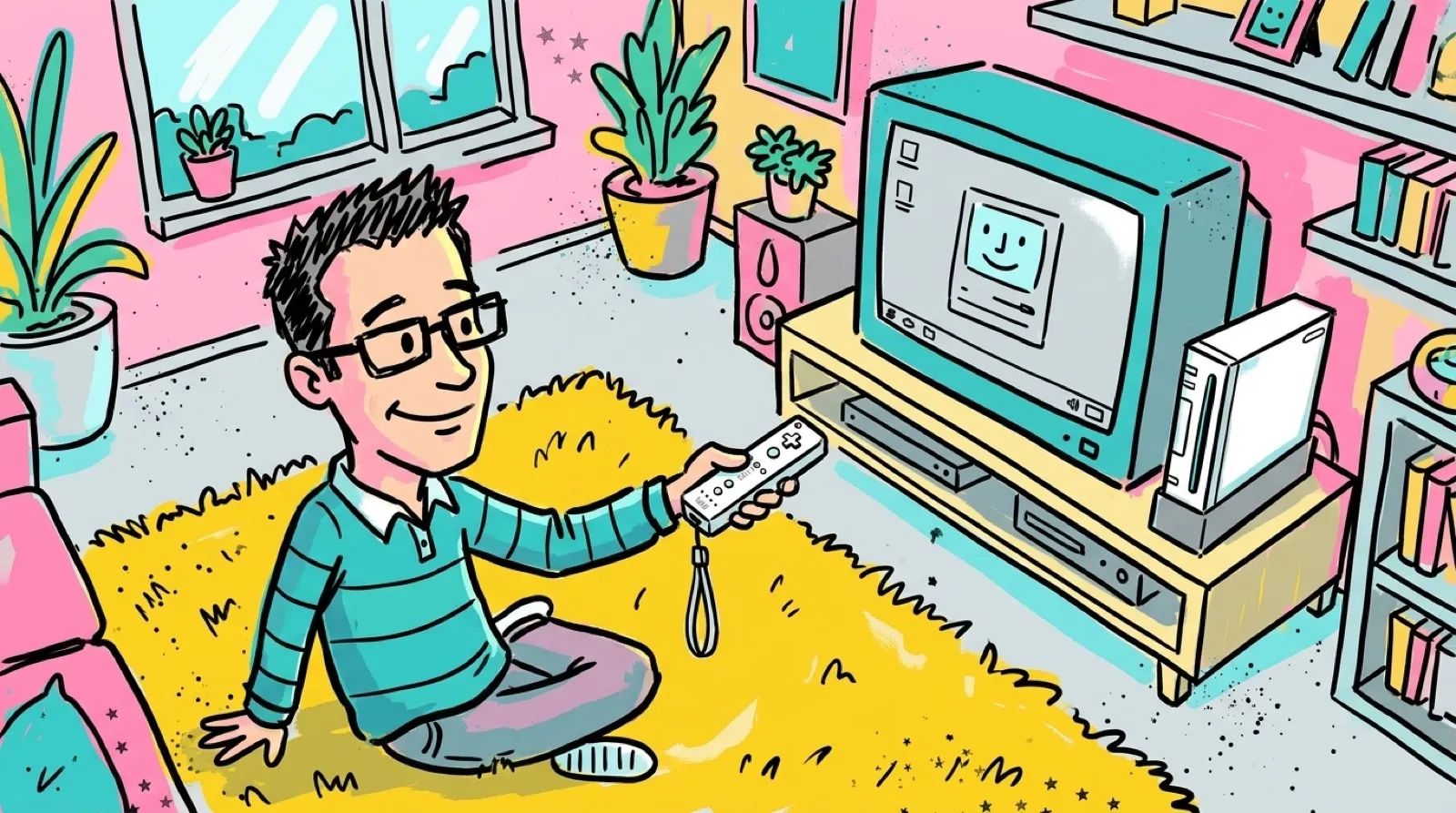 Chris, in a 1990s kids' paint-program doodle, points a Wii Remote at a TV showing an old Mac desktop beside a white Wii console
