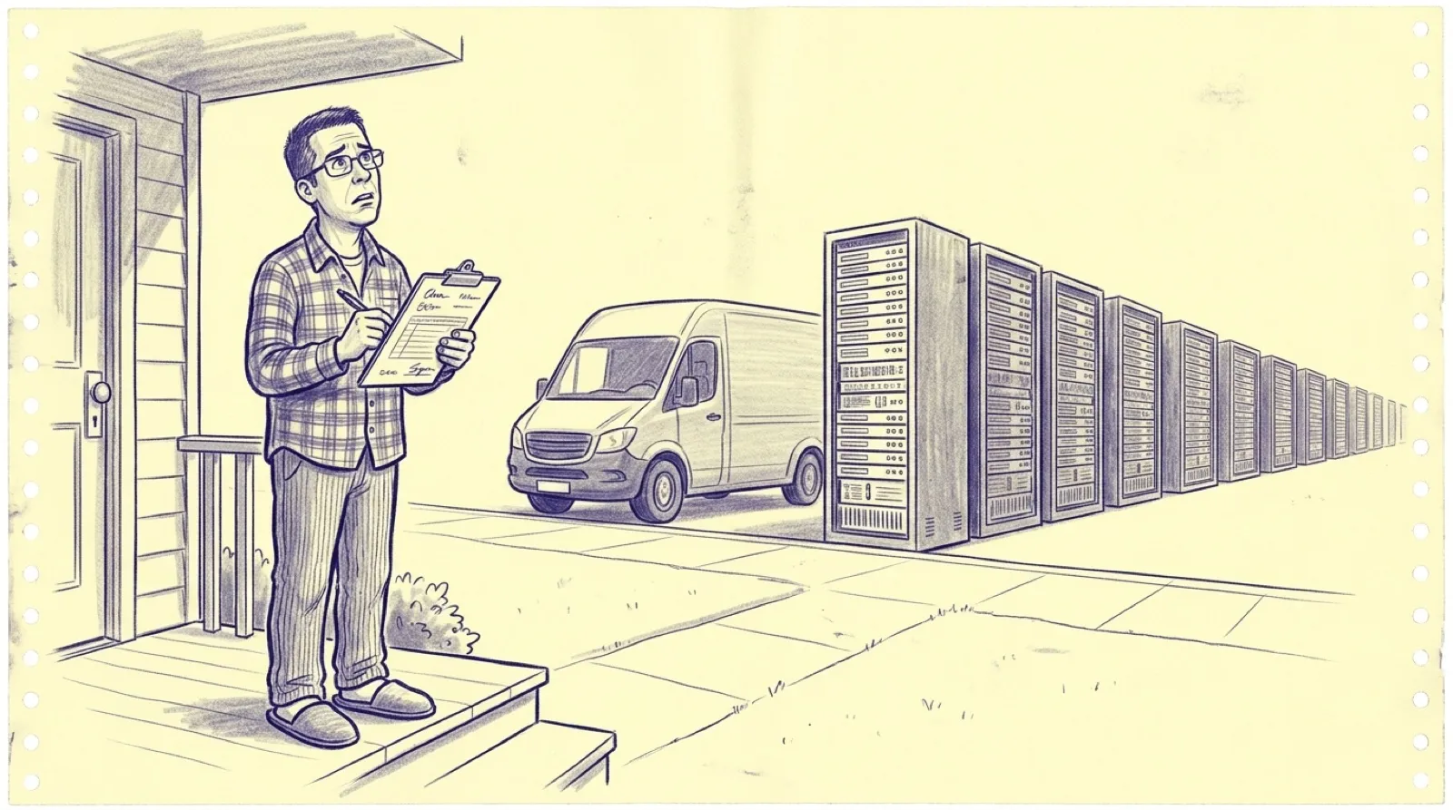 Chris Pirillo, drawn in smudgy blue carbon-copy lines, stands on a front porch signing for a delivery while a long row of server racks stretches down the street behind a delivery van.
