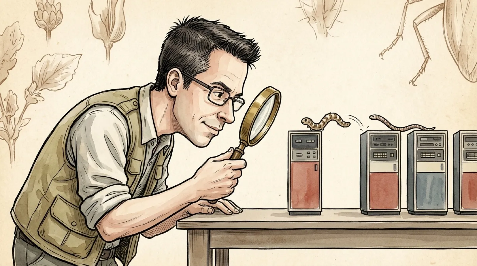 A field-guide watercolor of Chris as a naturalist peering through a magnifying glass at two small worms, one chasing the other, across a row of tiny 1970s computer cabinets.