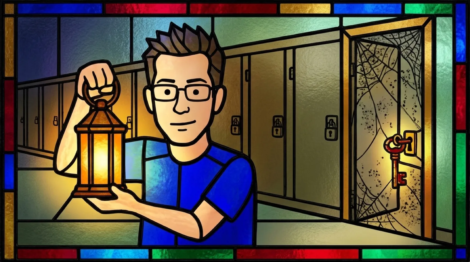 Stained-glass window of Chris holding a lantern up to a dusty side door left ajar in a long wall of locked doors, a single key still hanging in its lock.