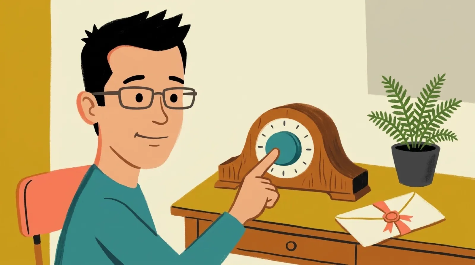 Chris at a desk pressing a big round button on a mantel clock while an envelope waits sealed on the corner of the desk