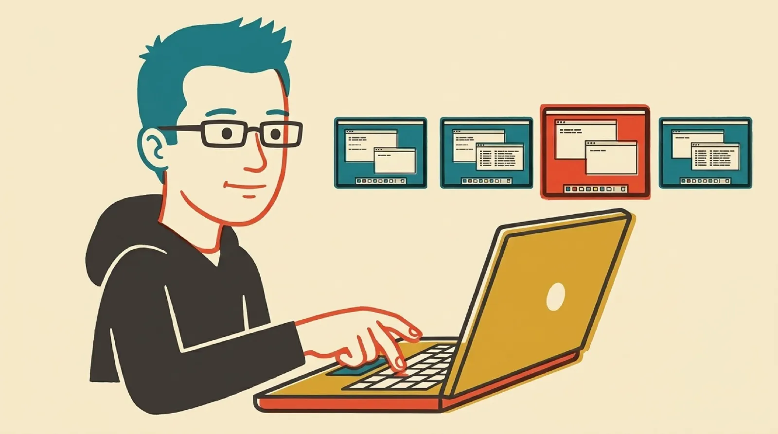 Offset-printed Chris sitting at a laptop, holding two keys down with one hand, as a neat row of whole desktop screens pops up above the keyboard instead of a row of app icons.