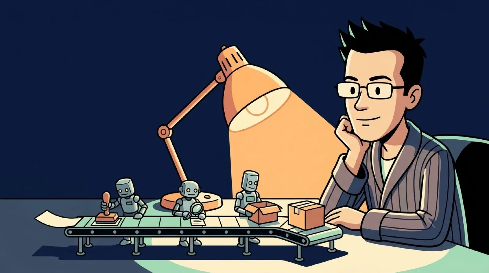1990s cel-shaded cartoon of Chris at a desk at night watching a tiny conveyor belt carry a ticket through little robot stations into a finished parcel.
