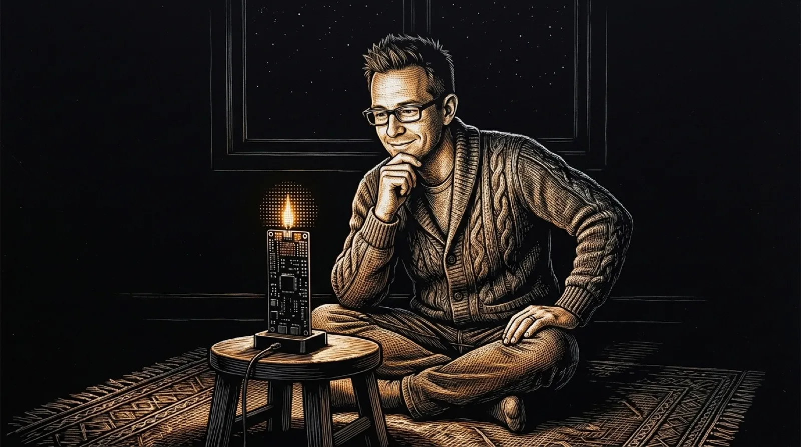 Scratchboard: Chris Pirillo in a cable-knit cardigan sits cross-legged on a rug at night, chin in hand, watching a tall slim circuit-board candle whose grid of tiny amber lights forms a flickering flame.