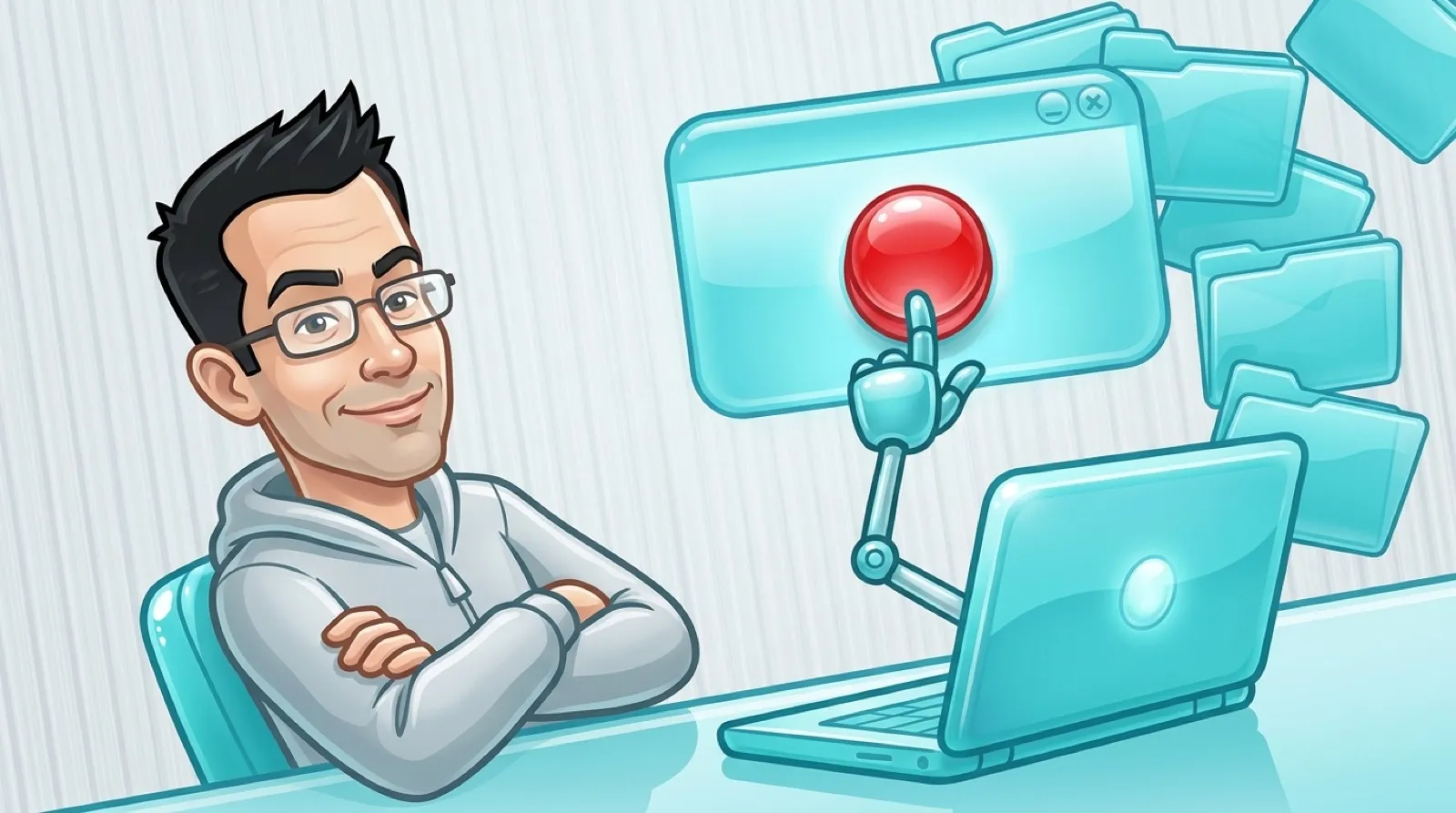 Chris, drawn as glossy translucent gel buttons, smiles while a little robot hand presses a big red no button on a pop-up window, as a stack of identical folders drifts behind him.