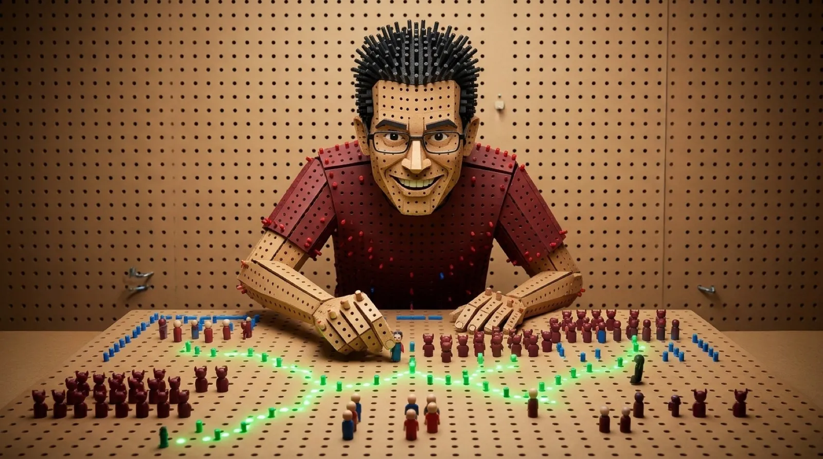 Chris as a pegboard figure pressing a peg-doll into a gridded pegboard map lined with little peg-demons, a glowing path passing from hole to hole between them.