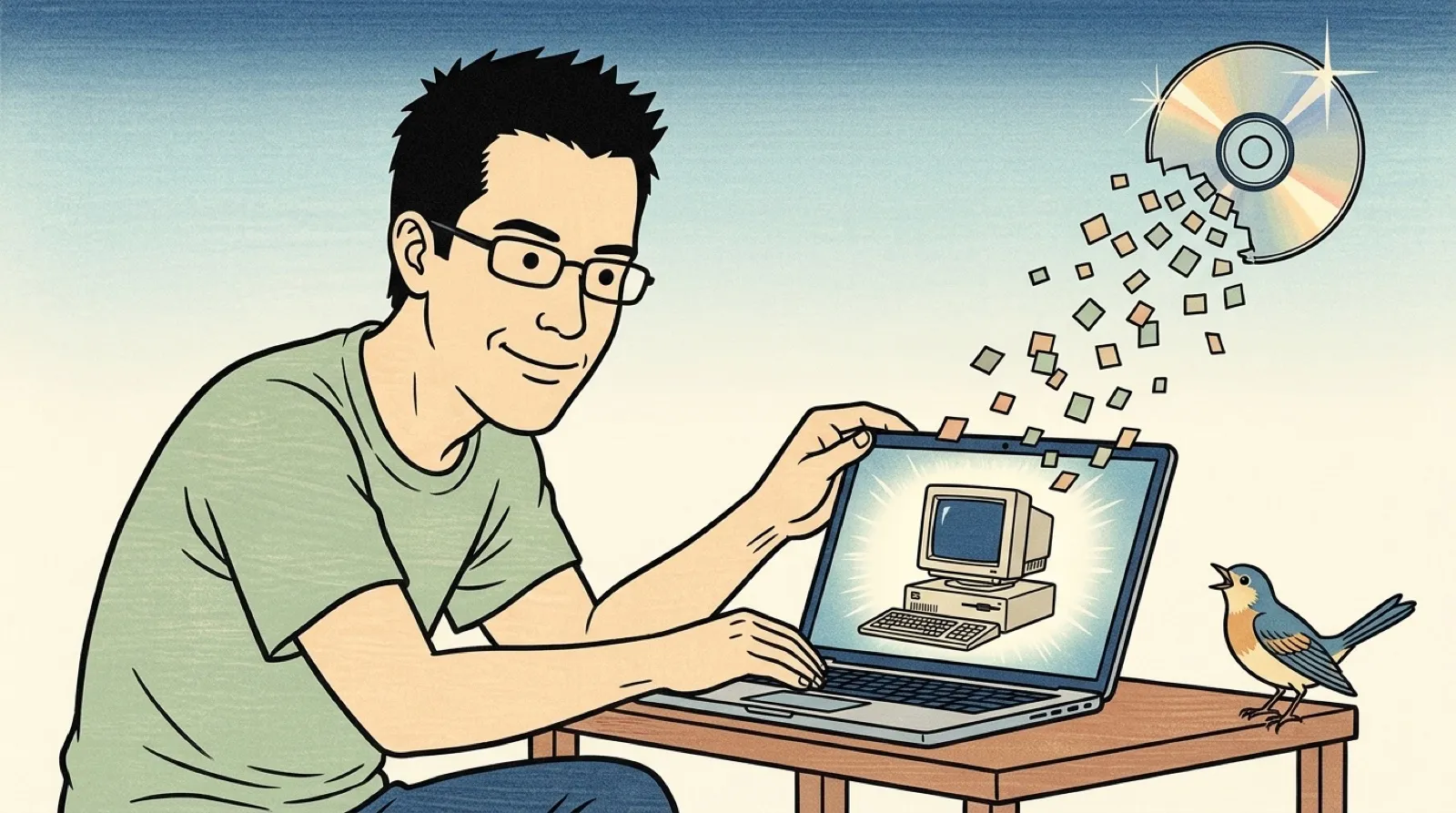 Chris at a low wooden desk opening a laptop whose screen shows a tiny old beige desktop computer, a disc breaking into floating tiles and a small songbird beside him