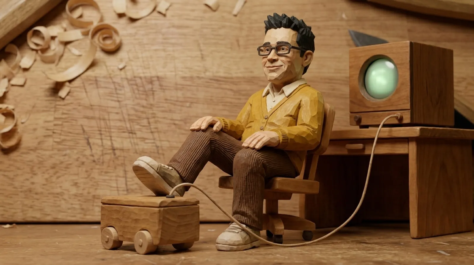 A carved wooden figure of Chris Pirillo in a chair, one sneaker resting on a small wooden box with two wheels, a cord running to a round-screened console.