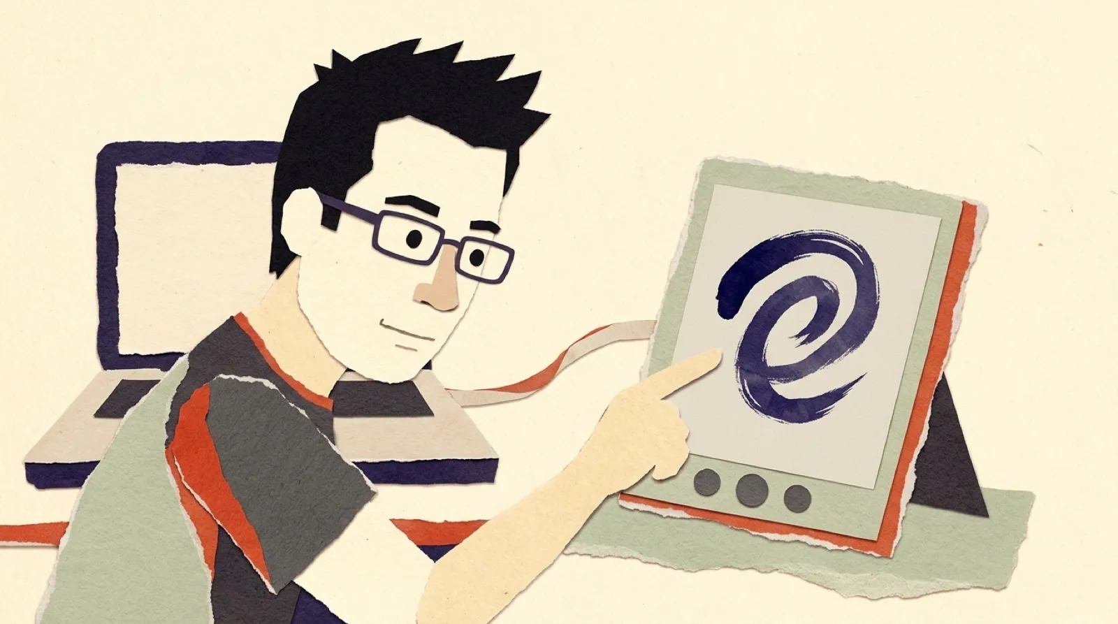 Chris Pirillo at his desk tapping a small square e-paper tablet showing a single abstract indigo brush mark, a laptop behind it, in torn washi-paper collage.