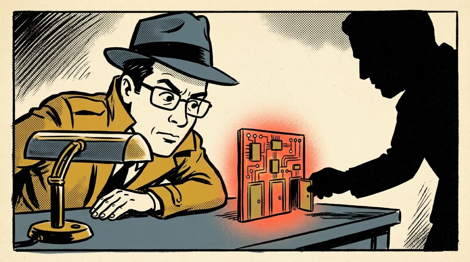 Chris Pirillo in a trench coat watching three decoy doors on a tiny circuit board as a shadowy stranger reaches for one, in 1950s pulp comic ink.