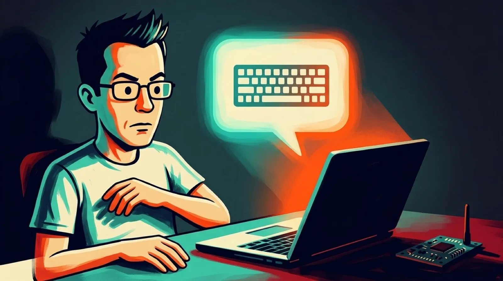 1950s pulp-paperback cover of Chris eyeing a glowing wordless 'connect?' notification bubble floating over a laptop, a small unmarked circuit board lurking in the shadows at the desk's edge.