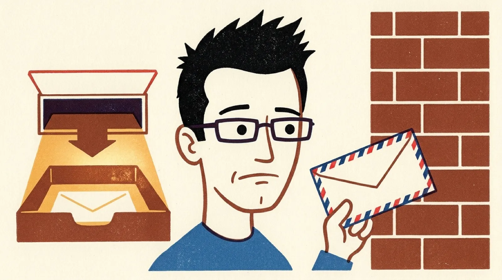 Chris Pirillo, in a letterpress print style, holds an envelope out toward two mailbox slots: one opens to a glowing inbox tray, the other is a blank brick wall with no slot at all.