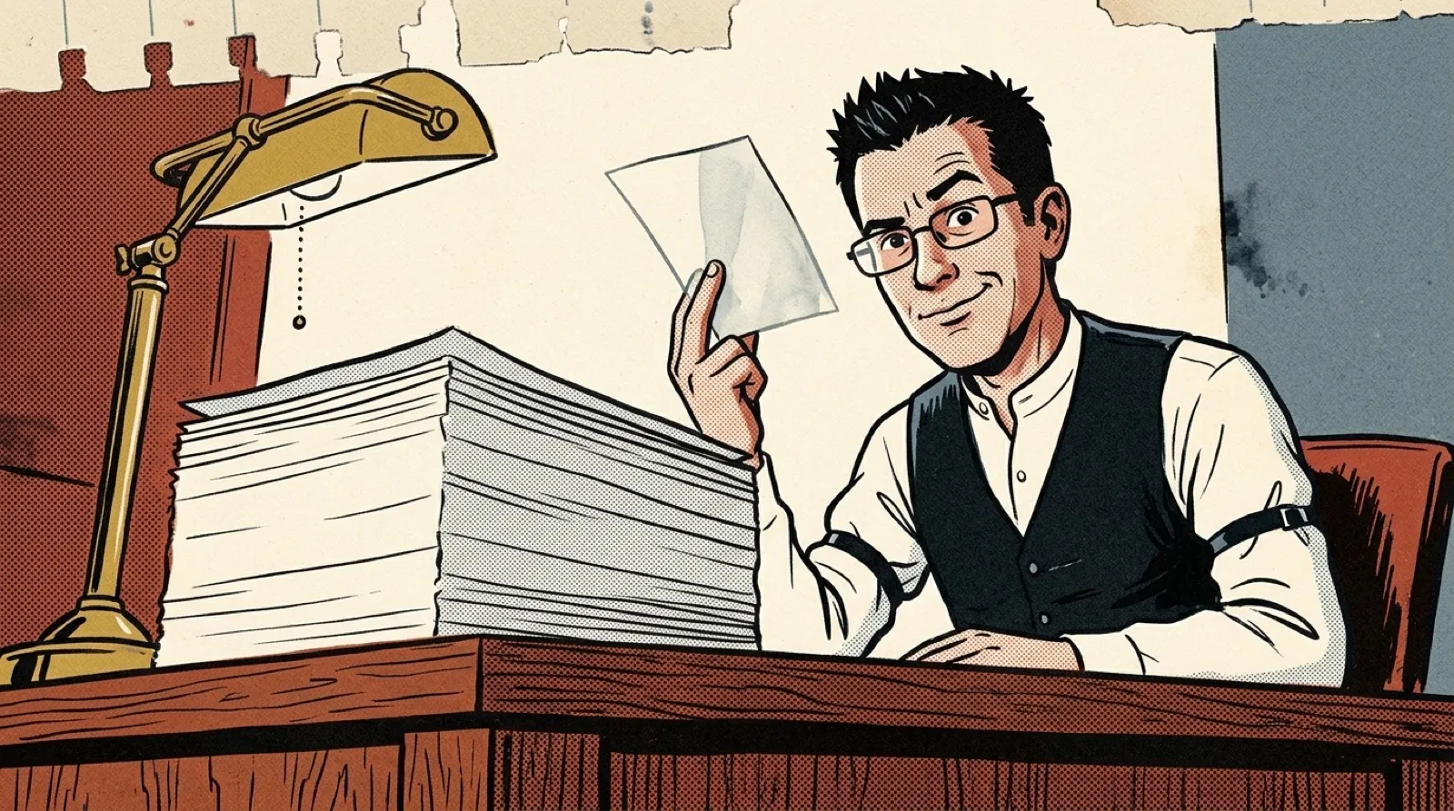 Chris Pirillo, drawn as an old printed daybook page, holding up one ghostly extra blank leaf beside a stack of plain blank pages on an old office desk