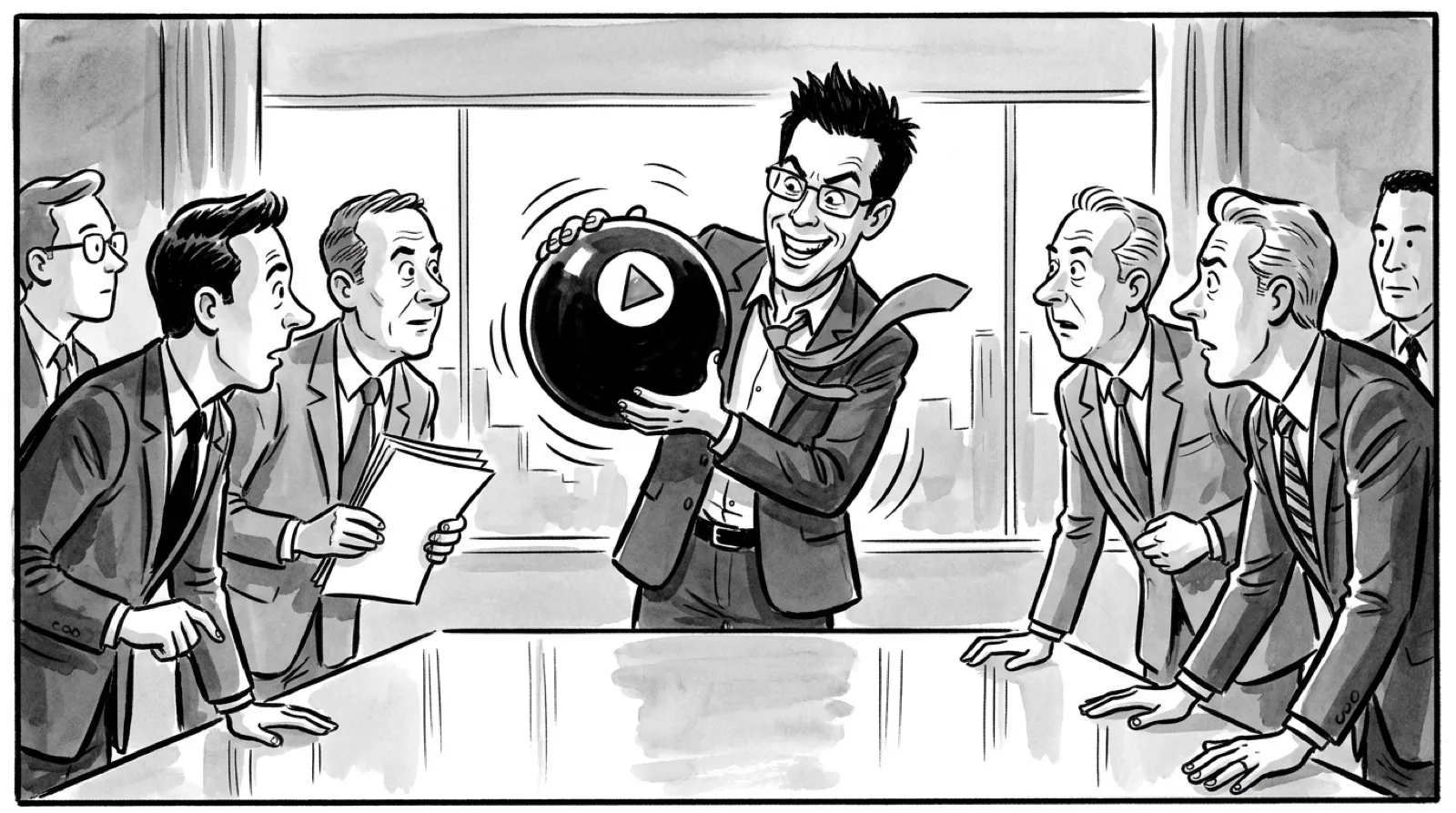 Chris shakes a giant magic eight-ball in a boardroom full of executives