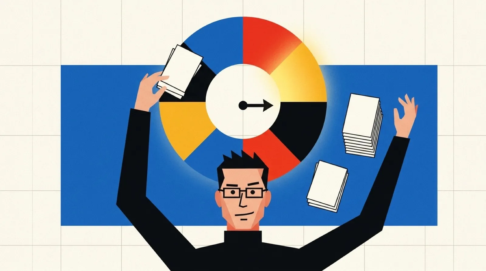 Swiss modernist poster: Chris Pirillo, seen from above in a black turtleneck, drops a stack of paper documents onto a ring of colored wedges that opens around a mouse pointer on his desk.