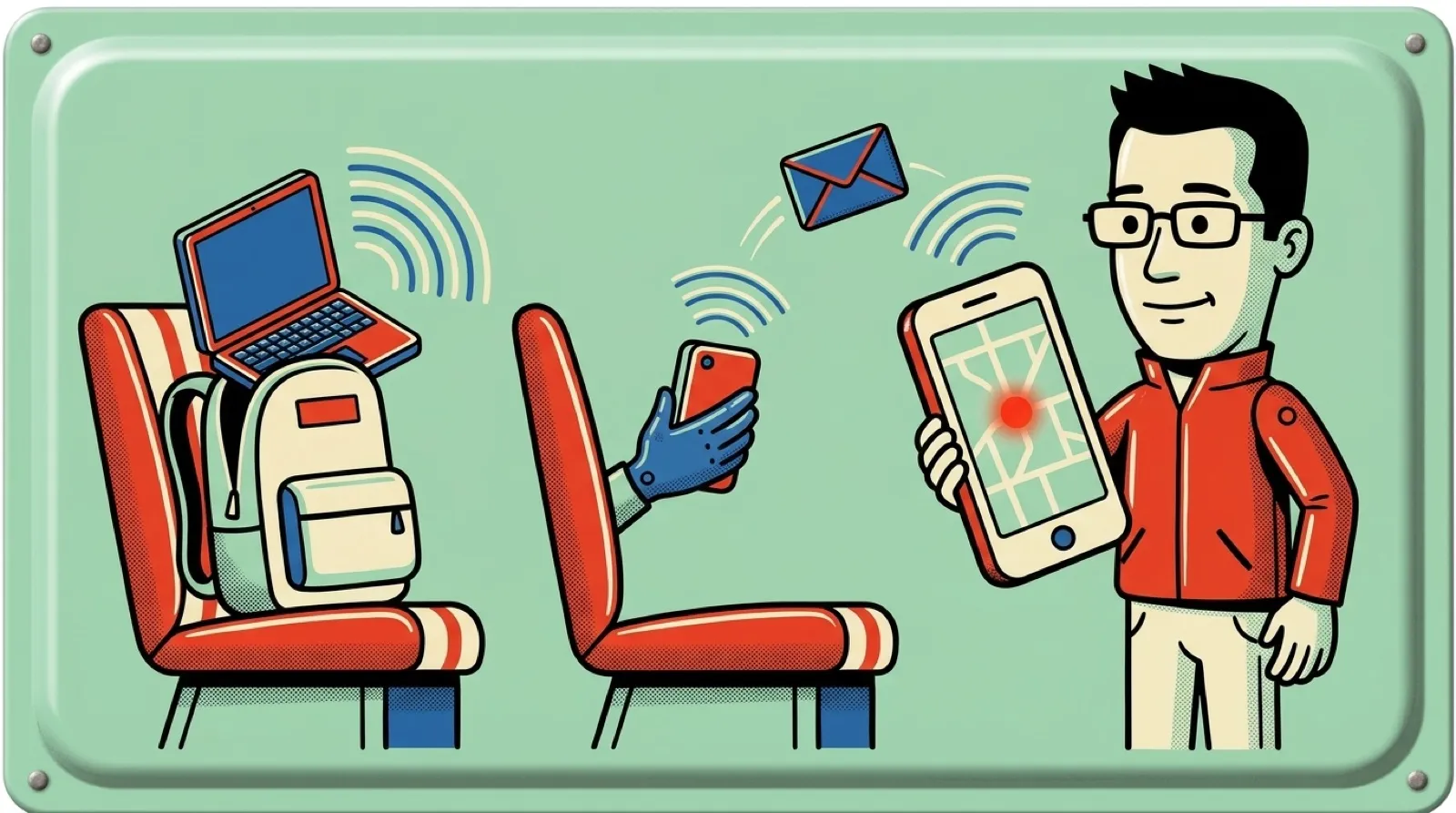 Chris Pirillo in tin-toy style watches a map as a stolen laptop in a backpack sends signal waves to a stranger's phone on a bus seat