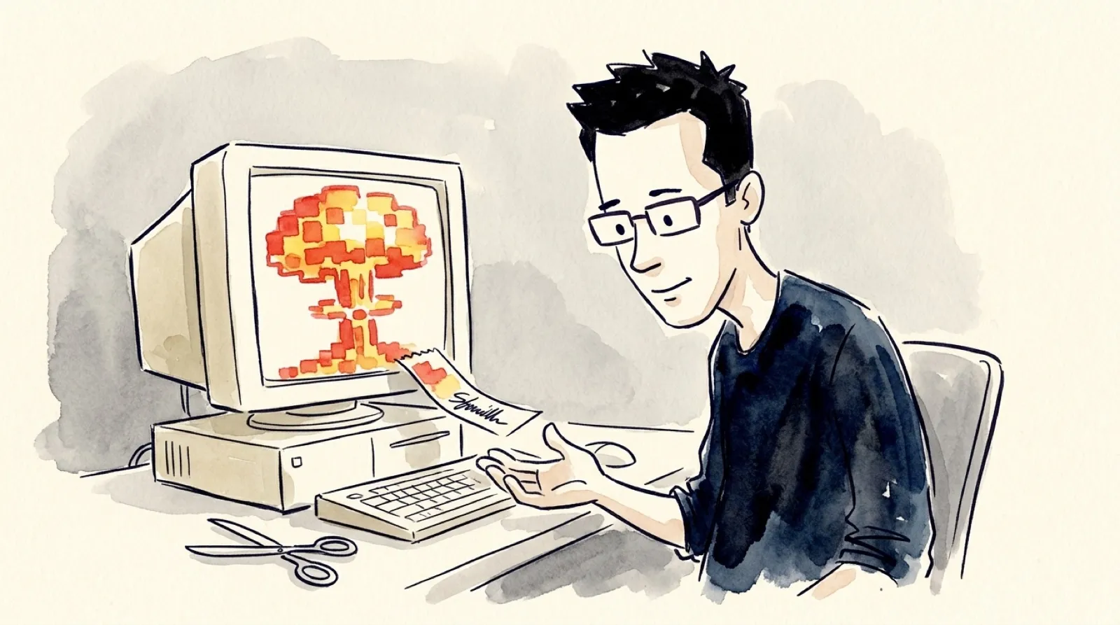 Watercolour of Chris Pirillo at an old beige computer, holding a pair of scissors over a glowing screen of blocky flame art, a snipped strip with a scribbled signature drifting away.